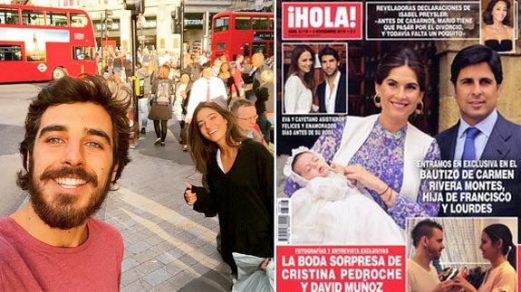 Julio Soto con Rocío Crusset y a la derecha las fotos del bautizo.