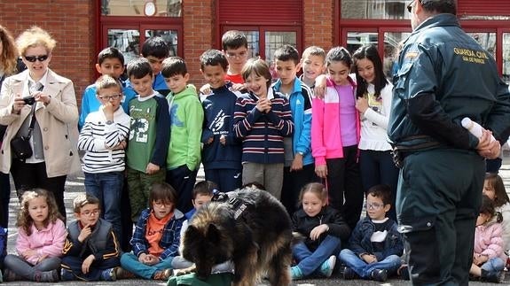 Los escolares observan a ‘Loba’, una perra adscrita al Servicio Cinológico especialista en la detección de drogas.