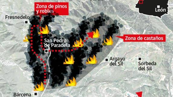 Solicitan declarar 'zona catastrófica' los terrenos quemados en el incendio del Bierzo, que sigue activo
