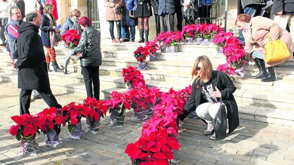 Las flores de Pascua colocadas en la Plaza Mayor y en las escalinatas del Ayuntamiento conformaron un lazo rojo.