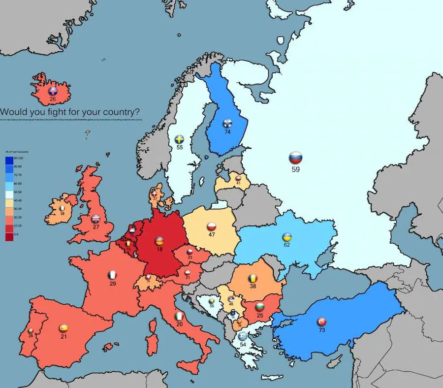 El mapa con los porcentajes de los ciudadanos que participarían en una guerra