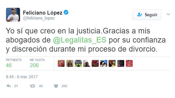 Feliciano López agradece a sus abogados la discreción con la que han llevado su divorcio