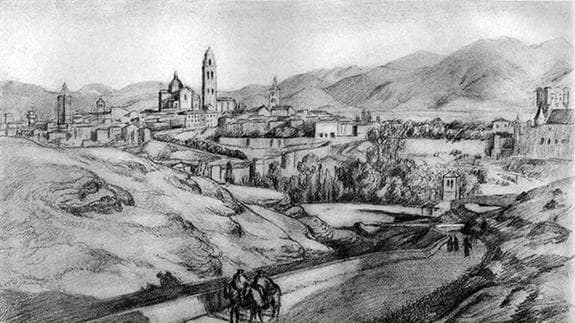 Dibujo del autor con una panorámica de Segovia desde Zamarramala.
