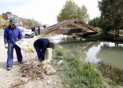 Operarios de la CHD limpian el Canal de Castilla a la altura de La Victoria. / STEPHANIE LEHMANN