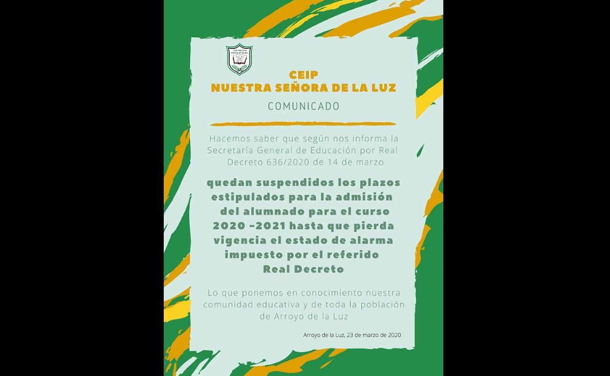 Aplazado el plazo de escolarización hasta el final del estado de alarma