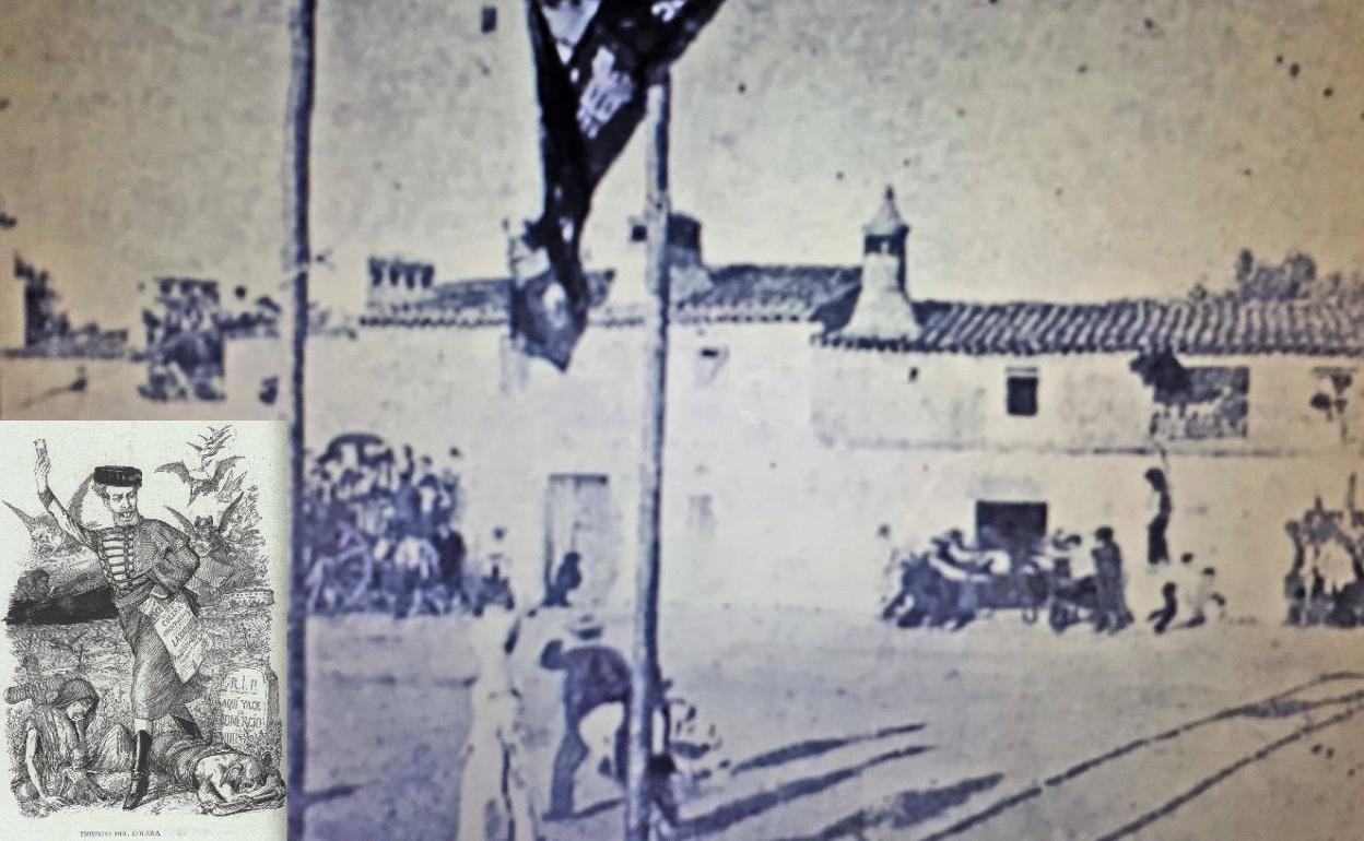Plaza Nueva en las ferias y fiestas de septiembre de 1900. Abajo a la izquierda, lámina que ilustra el triunfo del cólera-morbo, de la Biblioteca Nacional. 