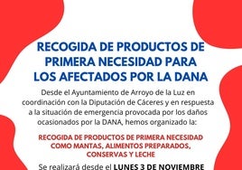 El Ayuntamiento arroyano inicia una recogida de ayudas y productos para los afectados por la DANA