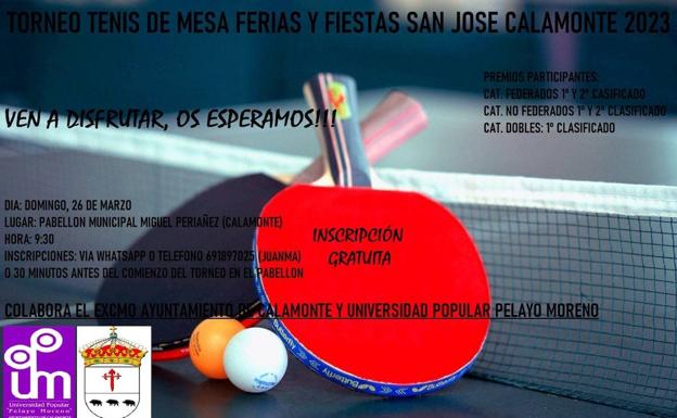 Abierto el plazo de inscripción para el Torneo de Tenis de Mesa Ferias y Fiestas San José de Calamonte