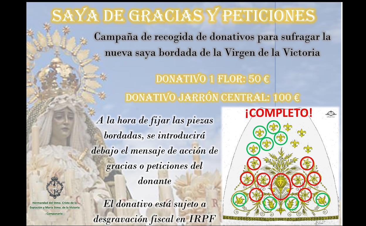 La Hermandad de la Victoria busca donantes para sufragar la nueva saya de la Virgen
