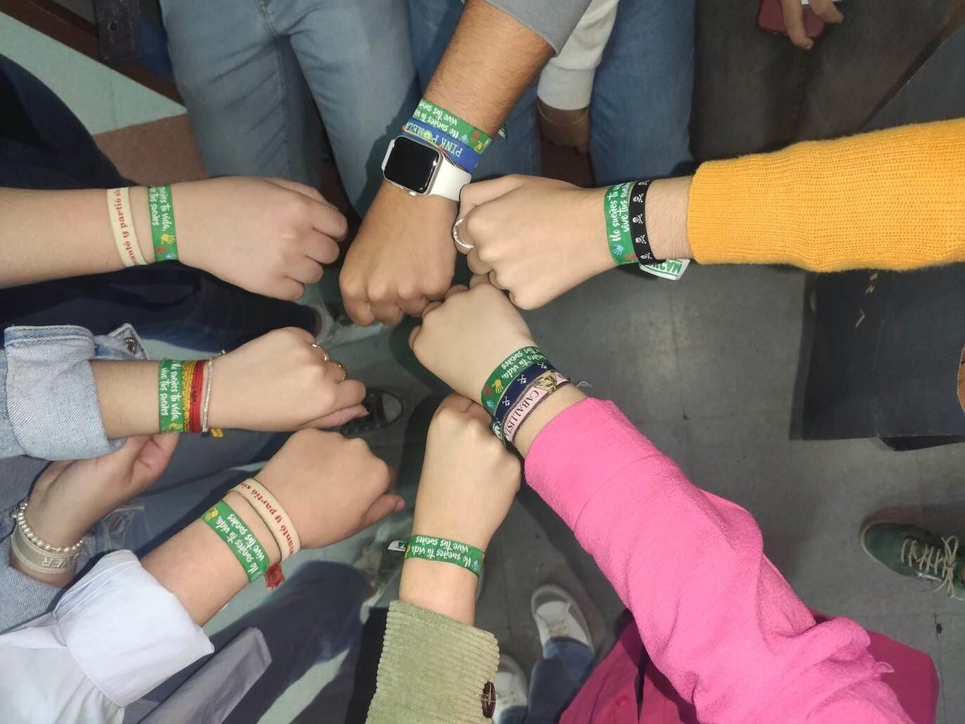 Un grupo de alumnos con las pulseras solidarias de ADISCAM