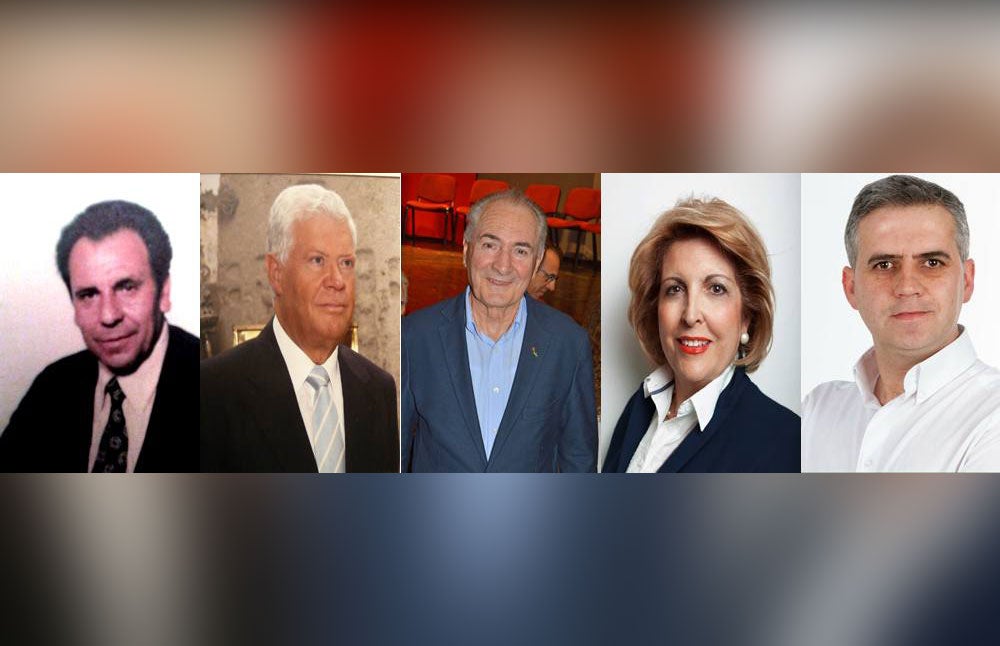 De izquierda a derecha, los cinco Alcaldes de Campanario de la democracia: Francisco Ayuso, Juan Pérez, Fernando Caballero, Piedraescrita Jiménez y Elías López.