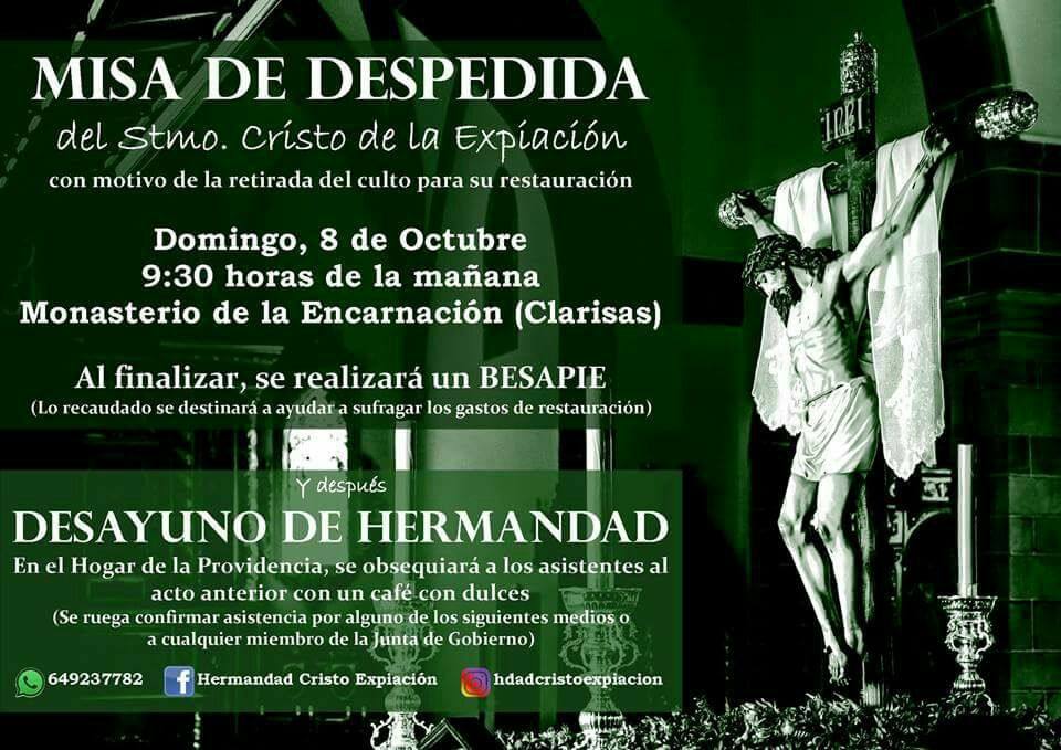 El domingo 8 de octubre se oficiará la misa de despedida al Cristo de la Expiación