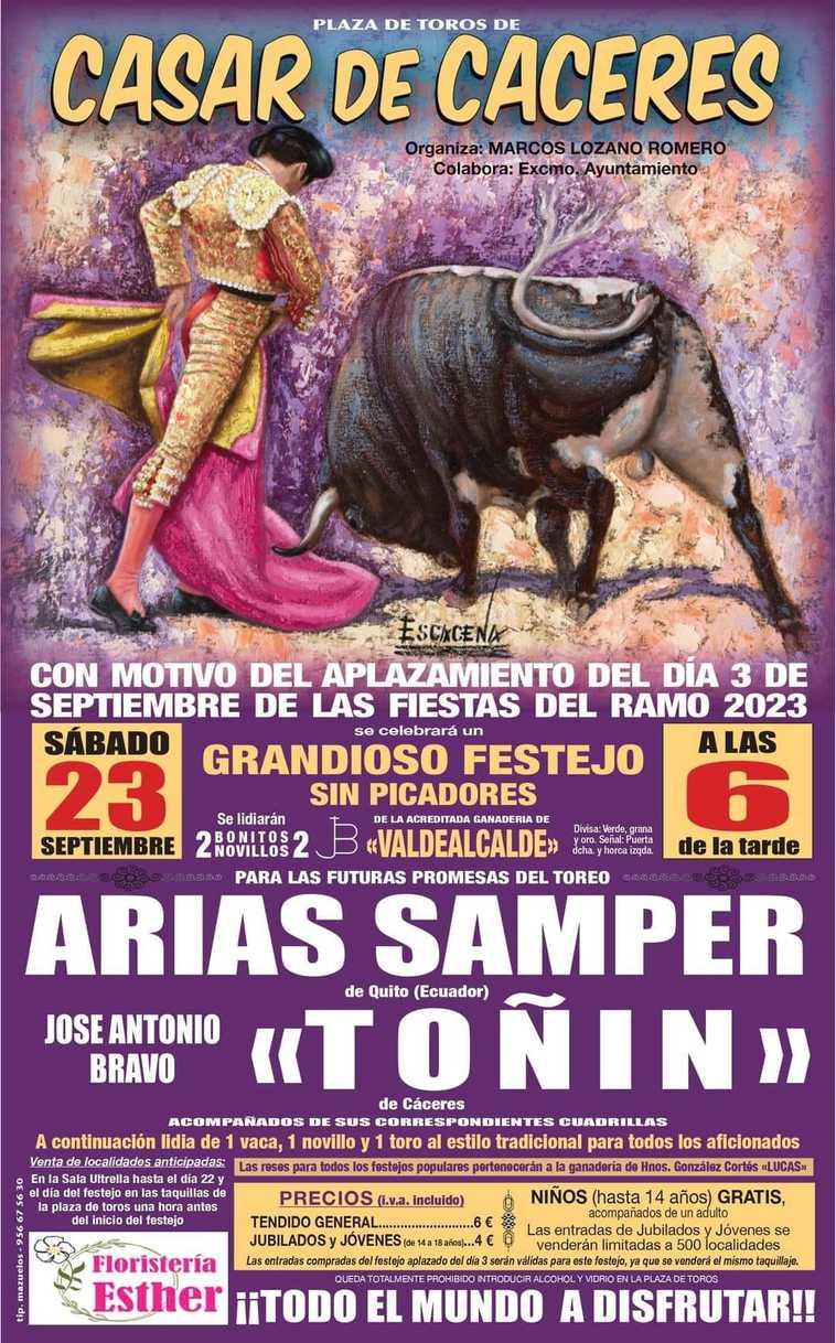 Los novilleros Arias Samper y José Antonio Bravo 'Toñín' participan hoy en el festejo de Casar de Cáceres
