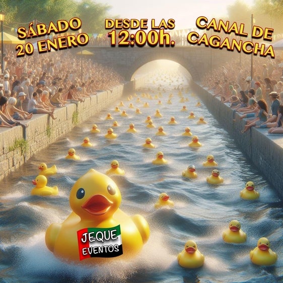 La peña de amigos 'Jeque Eventos' organiza la primera carrera de patos de goma en el regato de Cagancha