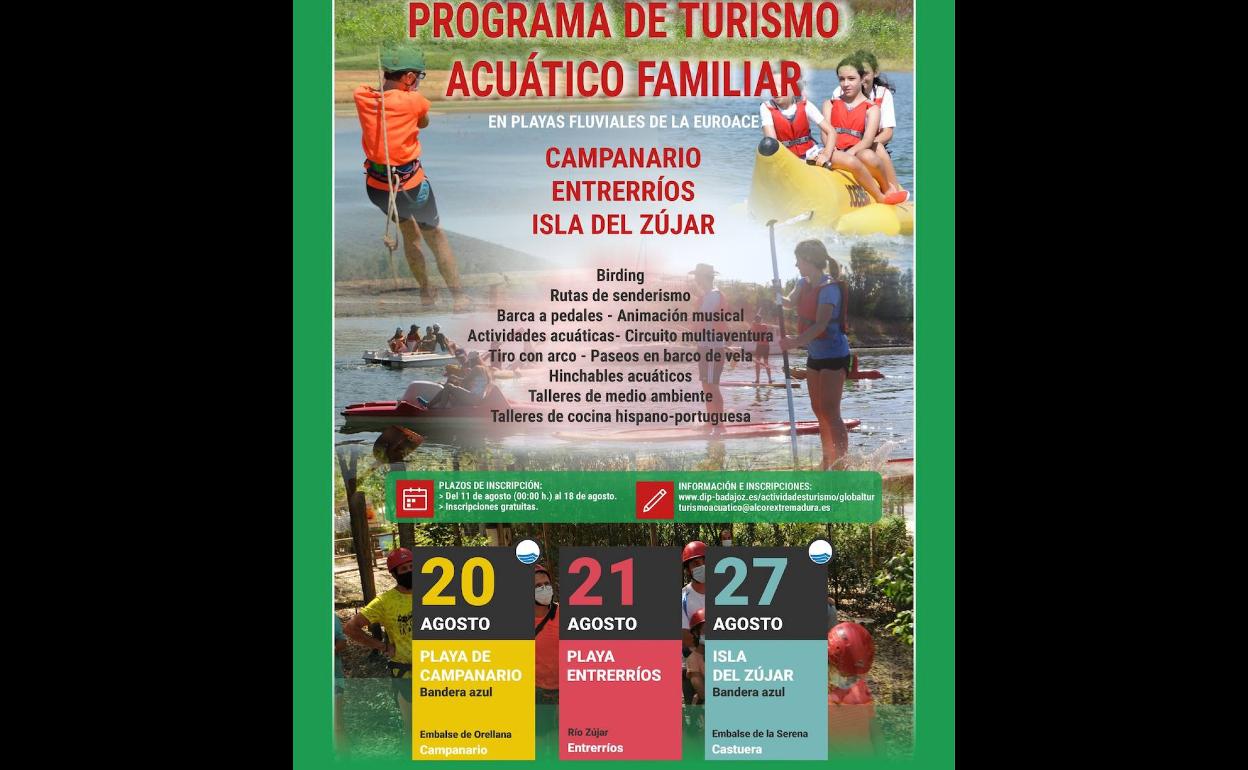 El programa de actividades de Turismo Acuático Familiar 2022 de la Diputación de Badajoz llegará a la Isla del Zújar el sábado 27 de agosto