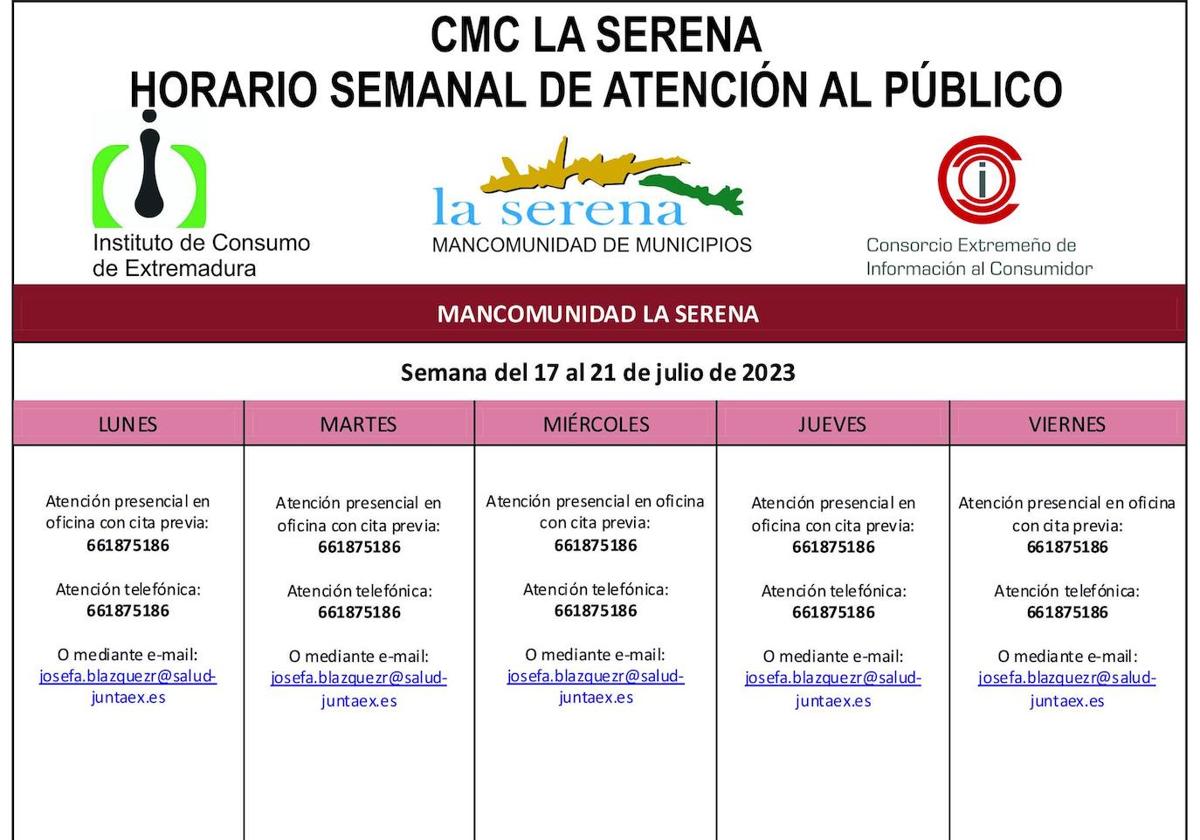 Horario semanal del 17 al 21 de julio de atención al público del CMC La Serena