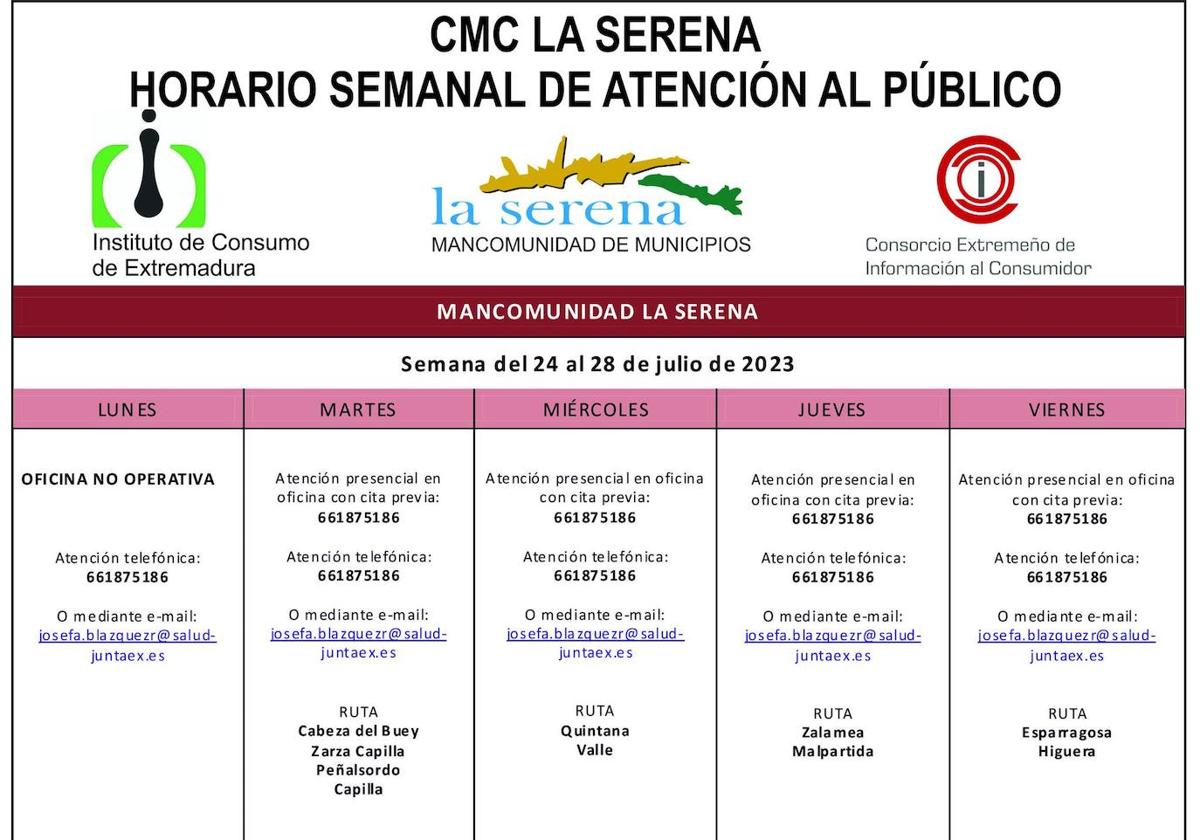 Horario semanal de atención al consumidor.