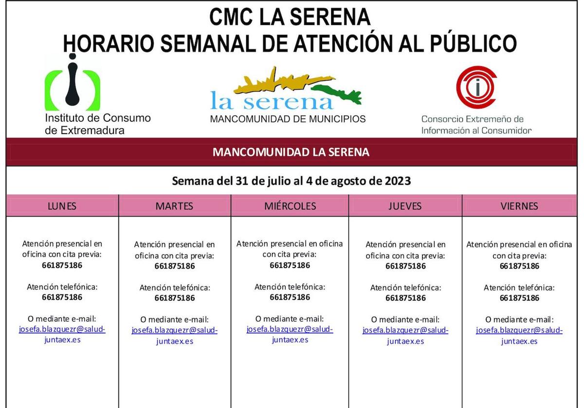 Horario semanal del 31 de julio al 4 de agosto de atención al público del CMC La Serena