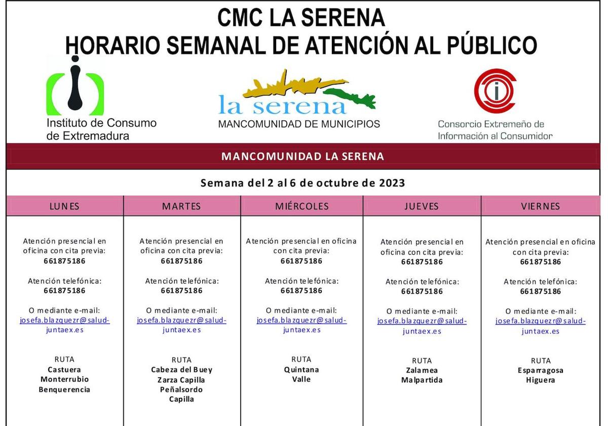 Horario semanal, del 2 al 6 de octubre, de atención al público del CMC La Serena