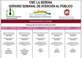 Horario de Atención al público de la oficina del Consorcio Extremeño de Información al Consumidor (CMC) de La Serena