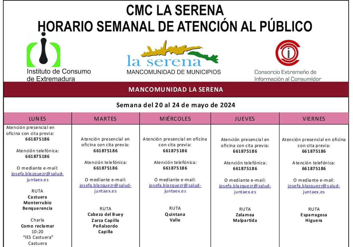 Horario semanal, del 20 al 24 de mayo, de atención al público del CMC La Serena