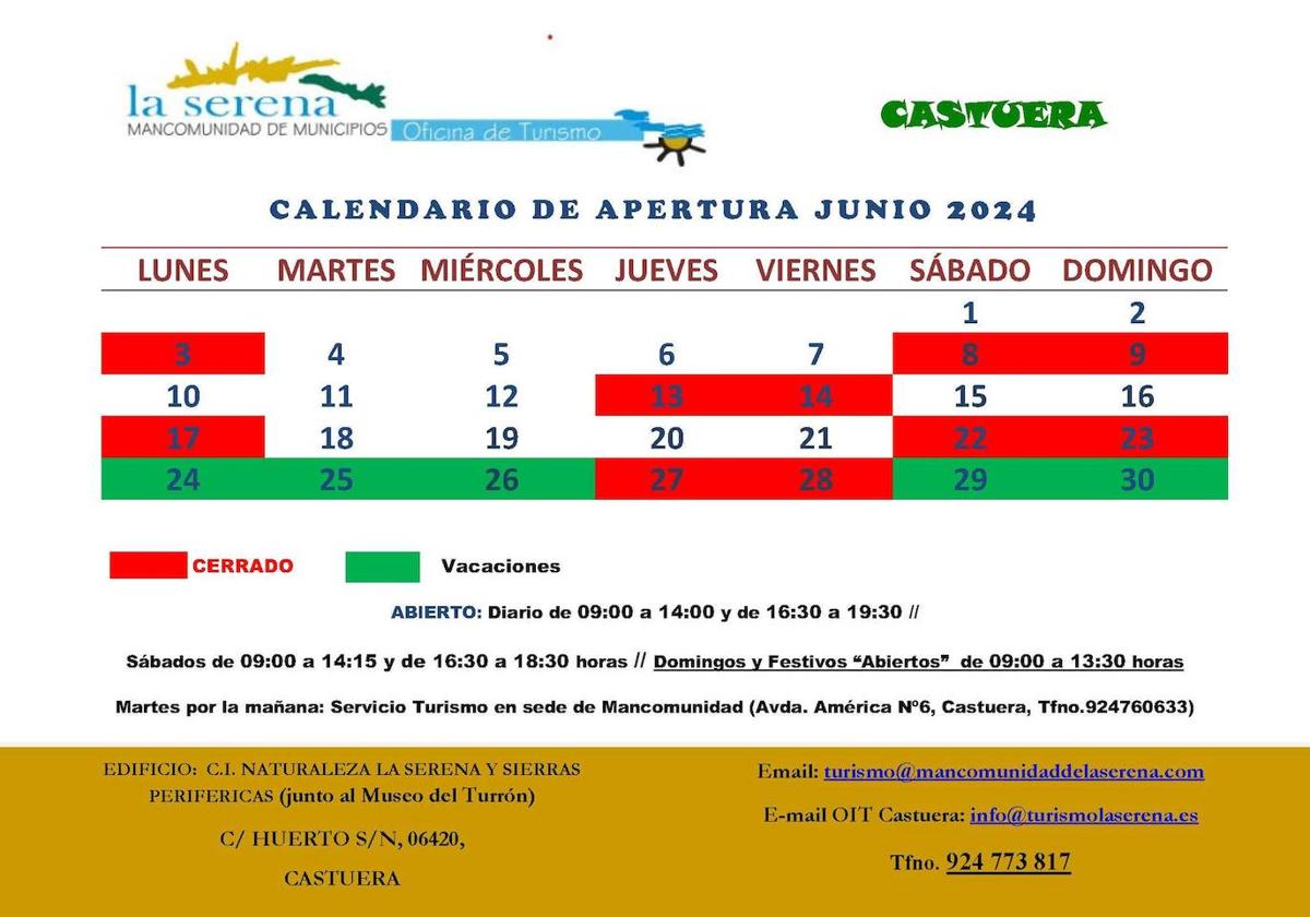Horarios de la Oficina de Turismo de Castuera para el mes de junio
