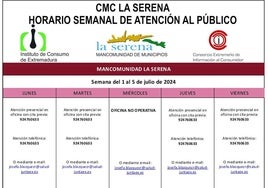 Horario semanal, del 1 al 5 de junio, de atención al público del CMC La Serena