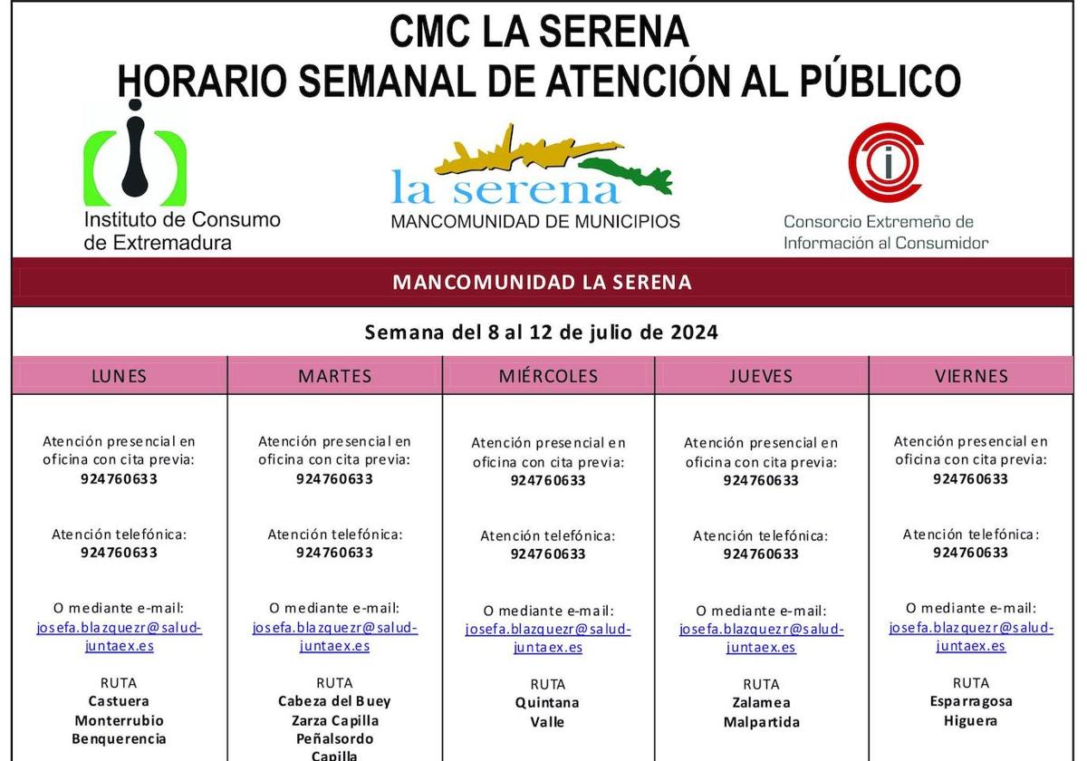 Horario semanal, del 8 al 12 de julio, de atención al público del CMC La Serena