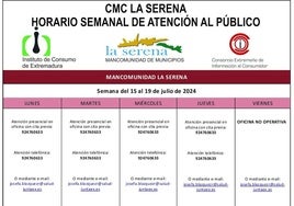 Horario semanal, del 15 al 19 de julio, de atención al público del CMC La Serena