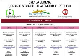 Horario semanal, del 22 al 26 de julio, de atención al público del CMC La Serena