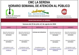 Horario semanal, del 29 de julio al 2 de agosto, de atención al público del CMC La Serena