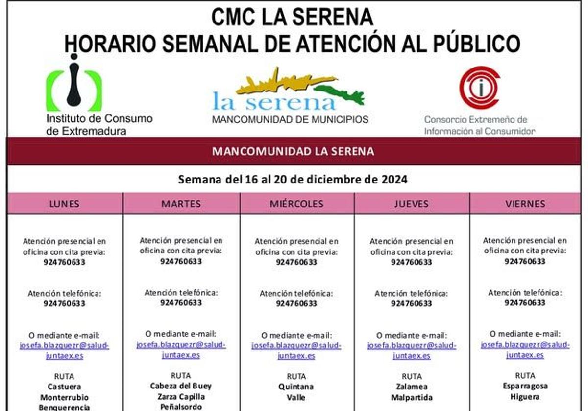 Horario semanal, del 16 al 20 de diciembre de atención al público del CMC La Serena