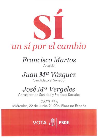 El PSOE de Castuera celebrará el próximo miércoles 22 de junio el mitin central de la campaña electoral del 26J