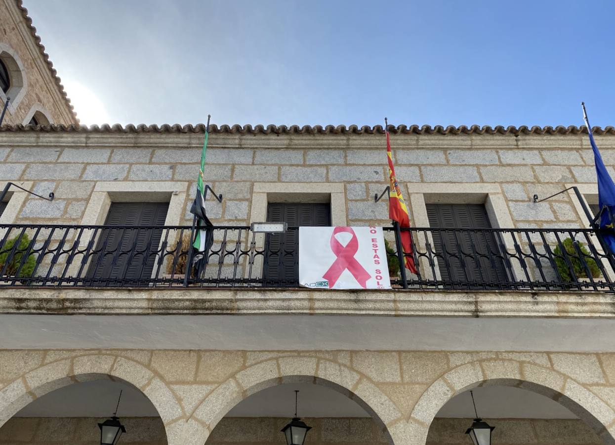 Lazo rosa que luce en el balcón del Ayuntamiento