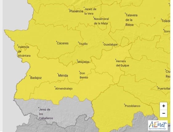 La alerta amarilla en Extremadura se amplía a casi toda la región