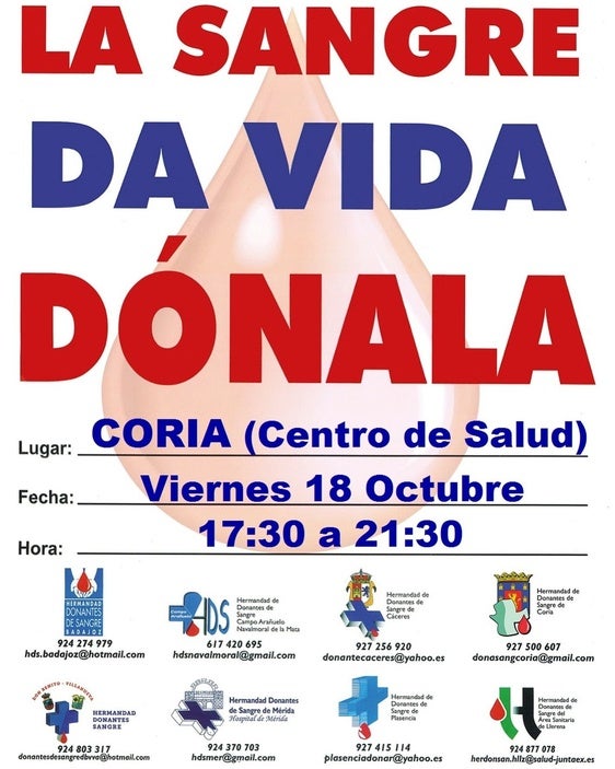 Campaña de donación de sangre en Coria: «La Sangre Da Vida, Dónala» este viernes 18 de octubre