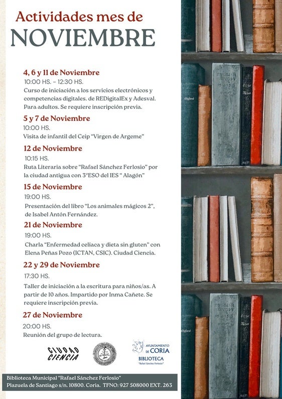 La Biblioteca Municipal de Coria presenta una variada programación cultural para noviembre