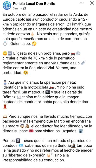 Mensaje difundido por la Policía Local de Don Benito.