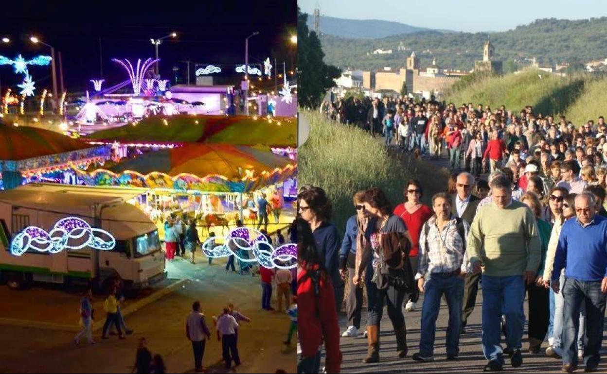 A la derecha el Parque Ferial de Fregenal, y a la izquierda procesión del voto del Lunes de Romería. 