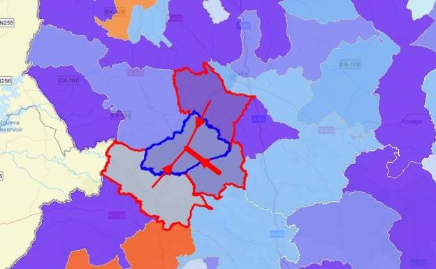 Mapa de áreas resideciales de la comarca de Fregenal y las adyacentes. 