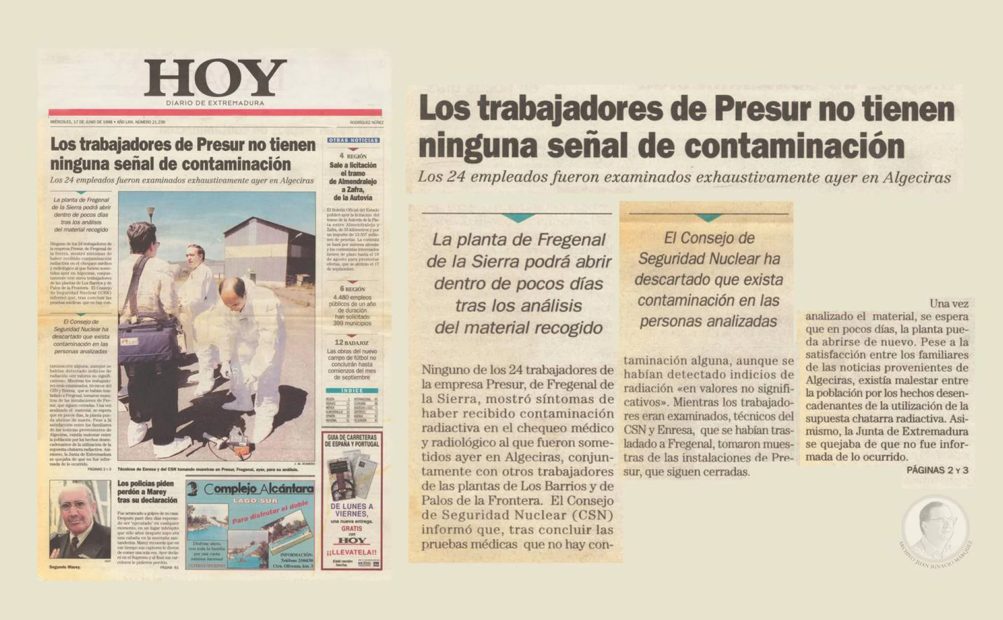 Portada del Diario de Extremadura HOY el 17 de junio de 1998. 