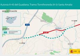 Mapa donde se aprecia con líneas discontinuas la zona de actuación de la Alternativa 1 entre Torrefresneda y Santa Amalia.