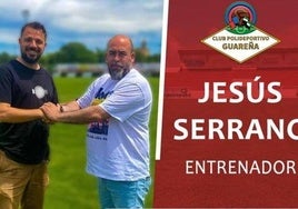 Jesús Serrano, entrenador, y José Ángel Flores, presidente, estrechan manos por seguir juntos una temporada más.