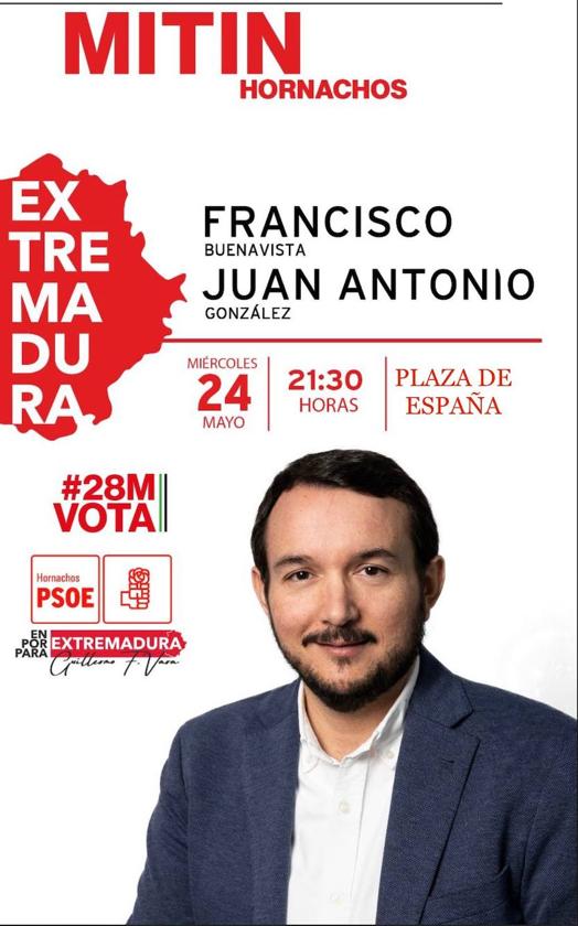 Este miércoles el Partido Socialista realizará un mítin electoral con la participación del alcalde Francisco Buenavista, y del portavoz de la junta Juan Antonio González