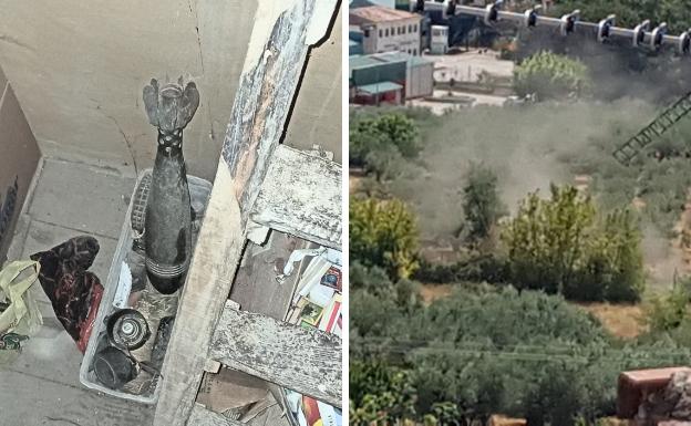 A la izquierda, el obús hallado en la casa. A la derecha, momento de la detonación a las afueras del pueblo.