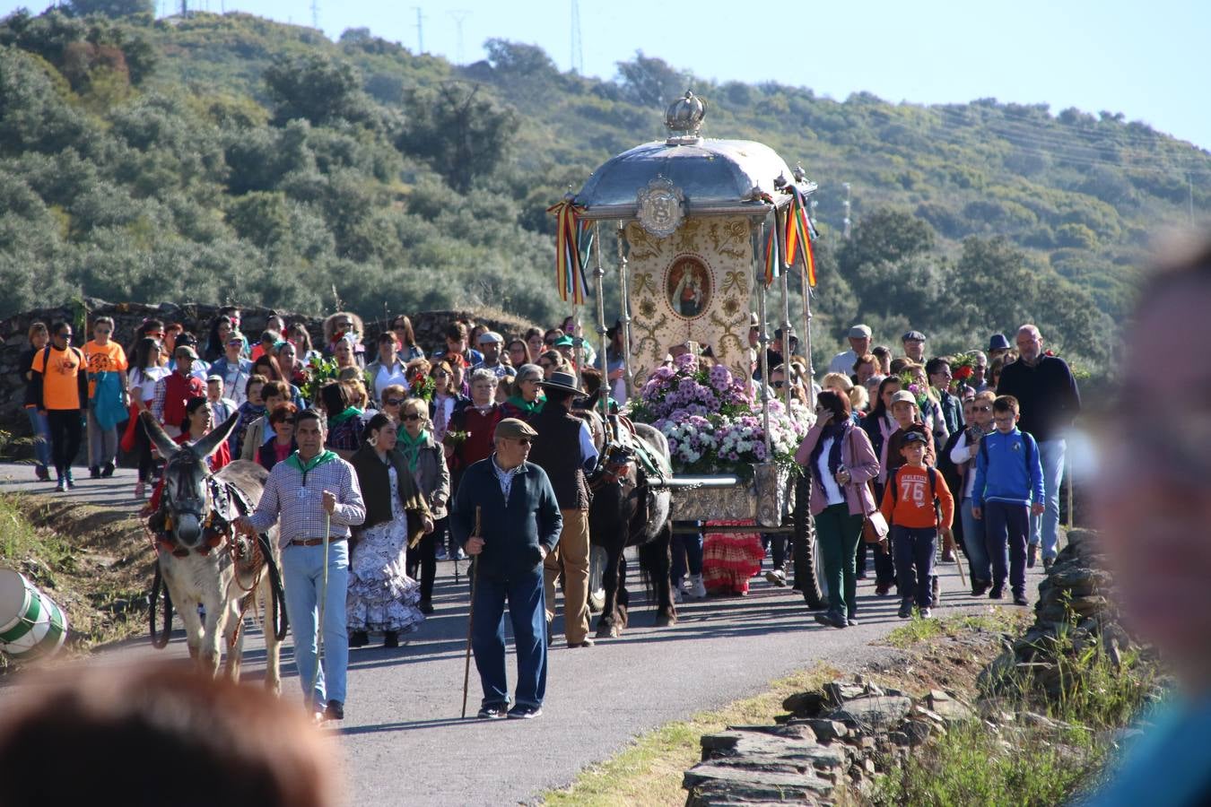 Romeros, carrozas y caballistas han acompañado, esta mañana, en procesión, al Simpecado de Nuestra Señora de Aguasantas, Patrona de Jerez de los Caballeros, hasta la ermita consagrada a su nombre. Durante el camino, no han faltado las perrunillas, la copa de anís, el acompañamiento musical del tamborilero de la Hermandad de La Algaba, Ramón Barragán, y los cánticos y bailes de algunos romeros. Un día de júbilo, convivencia y devoción a Nuestra Señora de Aguasantas que culminará, esta tarde, a las 20 horas, con el rezo del Santo Rosario en la citada ermita y el canto de la Salve a la Virgen.