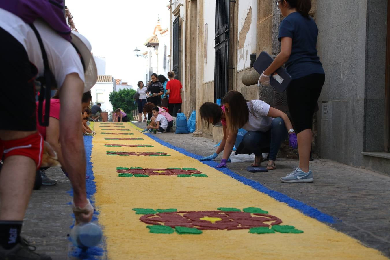 Las alfombras de sal embellecen y llenan de color, hoy, las calles de Jerez de los Caballeros con motivo de la festividad del Corpus Christi. Desde primera hora de la mañana, miembros de las cofradías y hermandades, Cáritas, grupos de catequesis, familias de los niños que han hecho este año la Primera Comunión, miembros de la Asociación de costaleros y costaleras de la Semana Santa jerezana, Ayuntamiento y vecinos han cubierto las principales calles del municipio con 6.250 kilos de sal teñida, plenas de color. A continuación, han disfrutado de una jornada de convivencia en la Casa de la Iglesia 'Cecilia de Arteaga'.