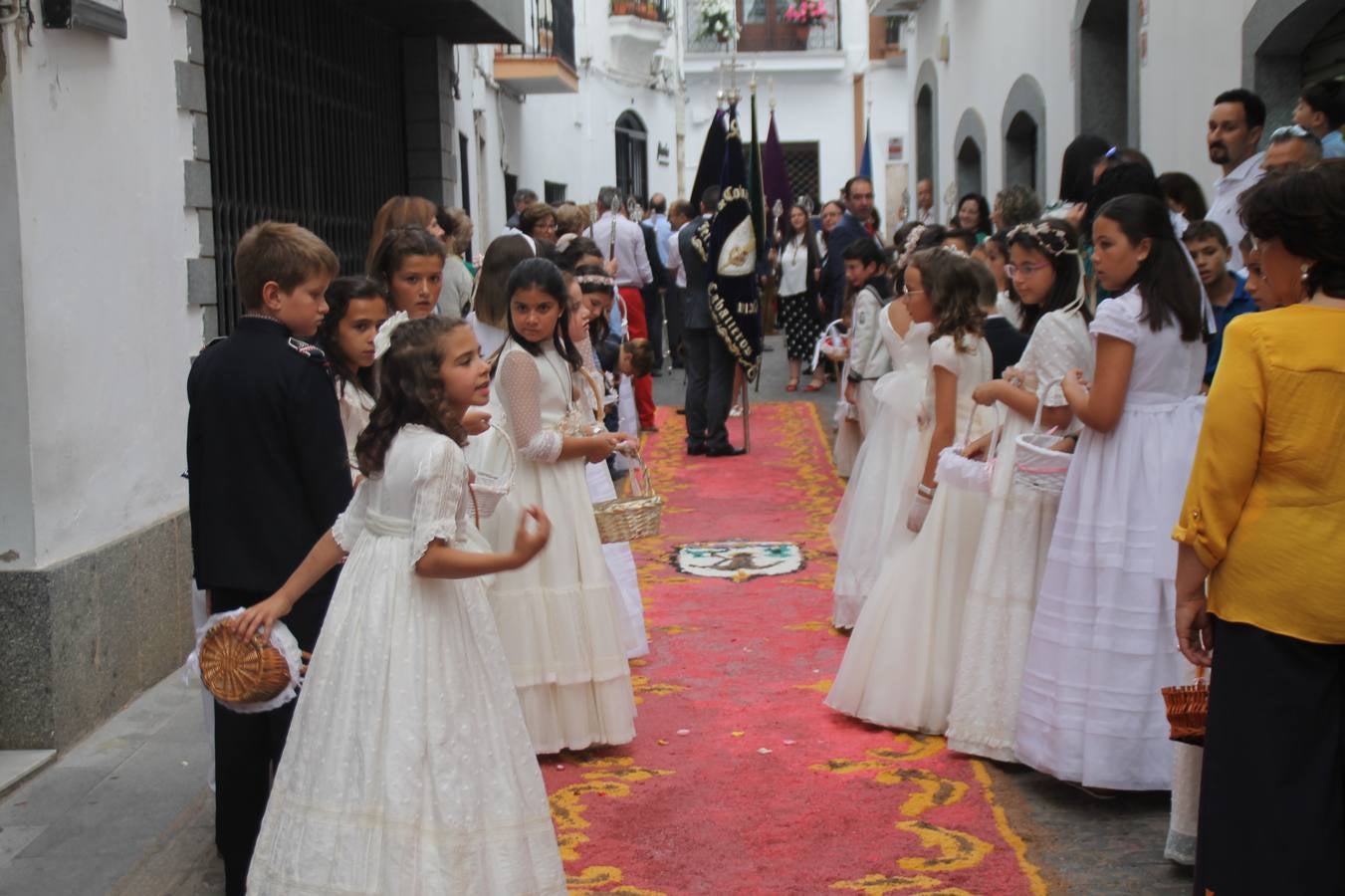 Jerez de los Caballeros celebró ayer la festividad del Corpus Christi en medio de un ambiente de solemnidad y convivencia del que fueron partícipes cientos de personas.La iglesia visigoda de Santa María de la Encarnación, llena de fieles, acogió la celebración de la Eucaristía que dió paso a la procesión acompañando la Santa Custodia en el magnífico templete de la iglesia de San Miguel, sobre las andas de la Virgen de Aguasantas y portada por costaleros y costaleras de la recién Asociación creada en esta ciudad. El párroco, Antonio María Rejano, destacó la significación de esta procesión, lamás grande, dijo, «porque Jesús sale a nuestras vidas, a nuestro encuentro y nosotros le acompañamos». Al término de la misa, incidió en el agradecimiento a todas las personas que han participado para hacer posible su desarrollo, trabajando desde la jornada del sábado en la elaboración de las preciosas alfombras de sal teñida de colores, que lucieron en las calles del centro de Jerez. El agradecimiento fue especial para los padres y madres de los niños y niñas que han hecho la Primera Comunión, para éstos mismos, también para catequistas, Cofradías y Hermandades, la Asociación del costaleros y costaleras de la Semana Santa de Jerez de los Caballeros, Ayuntamiento, Policía Local, grupos y personas de la parroquia.Autoridades civiles en representación del Ayuntamiento, Policía Local y Guardia Civil, acompañaron el desarrollo de la procesión junto a representantes de todas las cofradías y hermandades jerezanas y el protagonismo de los más de 80 niños y niñas que este año han celebrado su Primera Comunión.  A lo largo de todo el recorrido se instalaron distintos altares, también con la colaboración de vecinos y centros como la Residencia de Mayores Hernando de Soto. Los magníficos sones de la Agrupación Musical 'Nuestro Padre Jesús Nazareno' coronaron esta hermosa procesión.