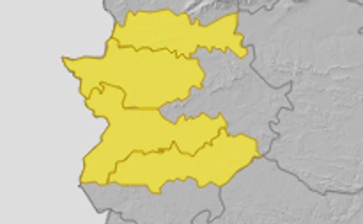 Mapa de Extremadura con las comarcas en alerta amarilla.