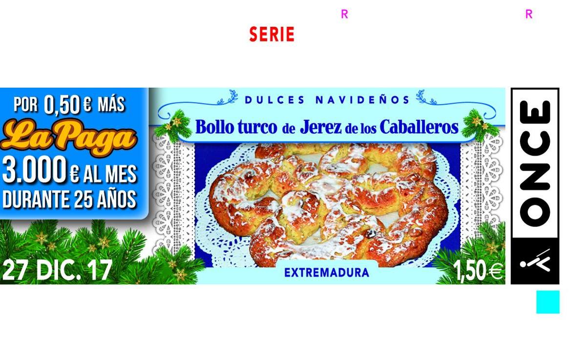 Imagen del cupón de la ONCE del próximo 27 de diciembre dedicado al Bollo turco de Jerez de los Caballeros. 
